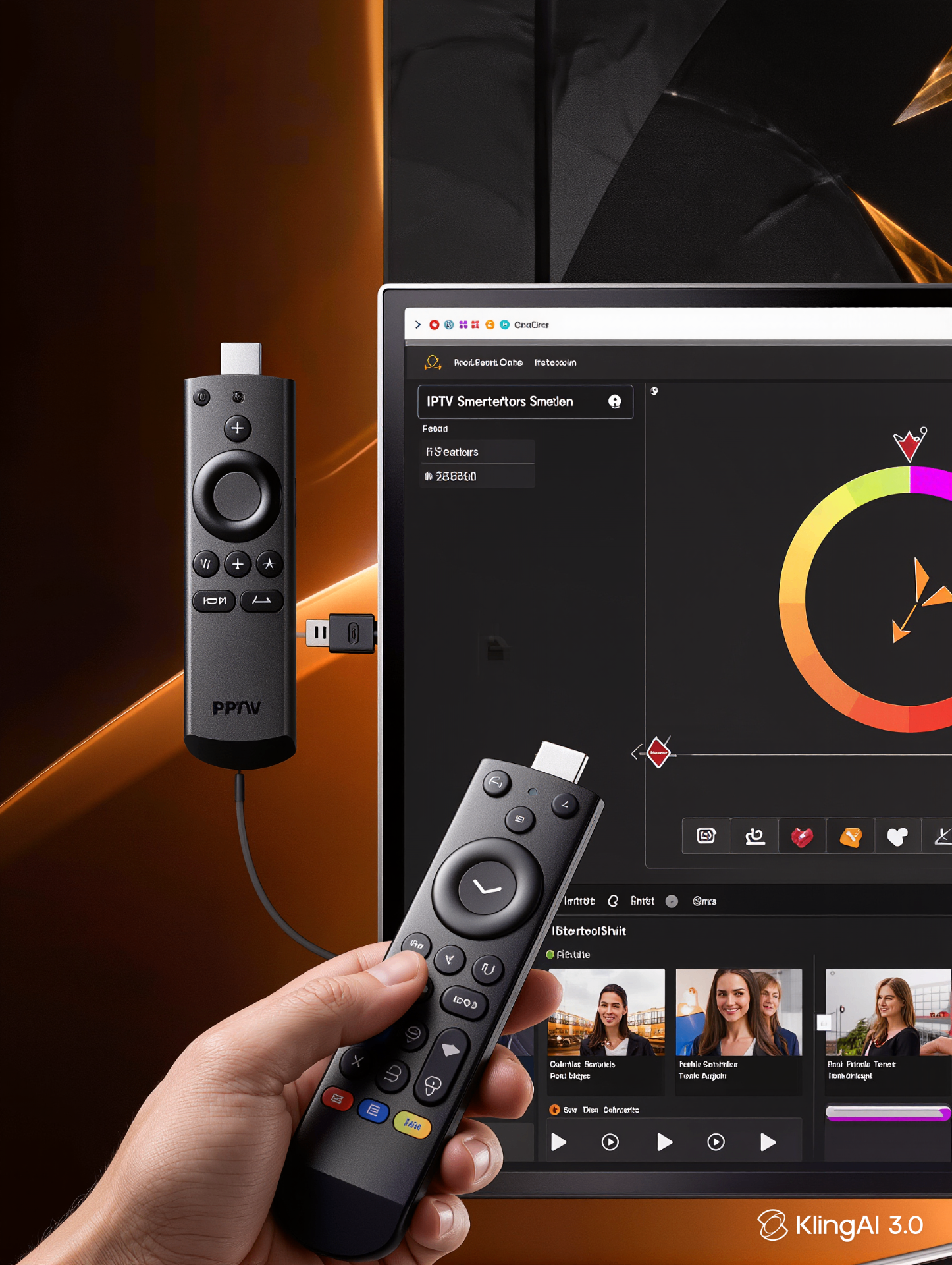 Amazon Firestick 4K Max remote next to a TV showing the IPTV Smarters Pro home screen